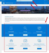 The CUIMC Brand Center Homepage, with arrows pointing to the search at the top, the navigation under that, and various CTAs in the middle of the page.